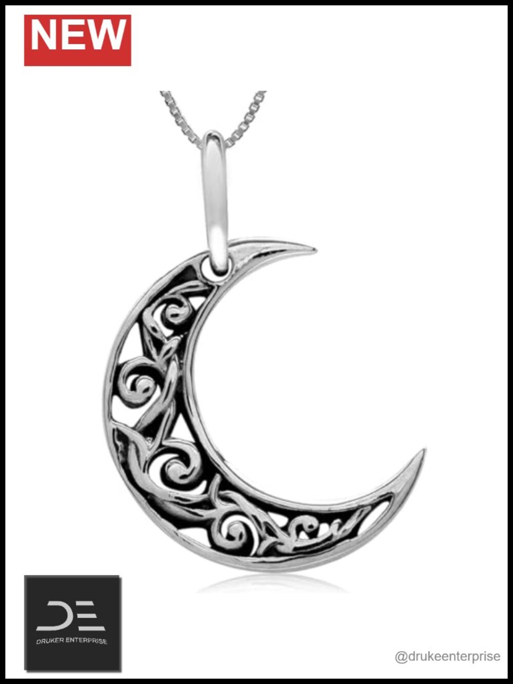 925 Sterling Silver Waning Crescent Moon Filigree Pendant Necklace 18" Chain
